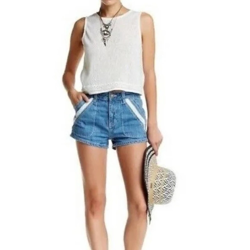 Free People Blue Denim High-Waist Shorts with White Trim
